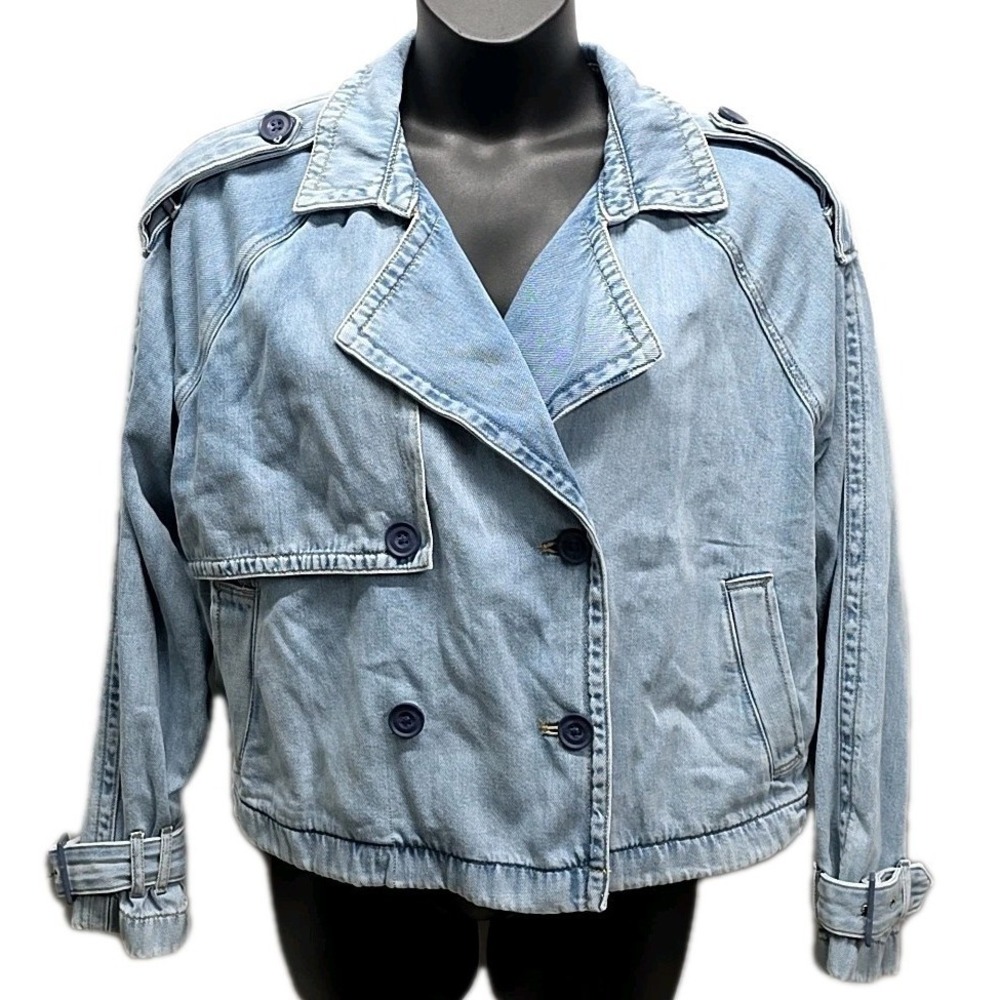 Torrid Light Wash Denim Trench Moto Jacket Double Breasted Grunge Edgy sz‎ 0